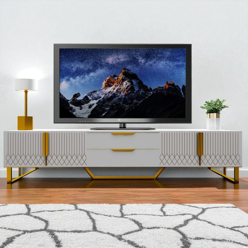 70" Modern TV Stand with Carved Doors & Metal Legs, Large Storage Console Cabinet for 75 Inch TV - White
