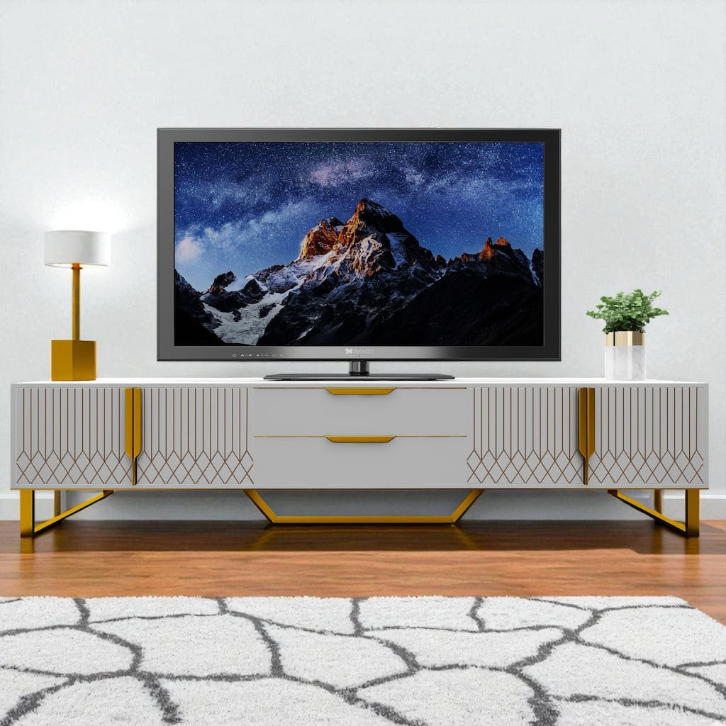 70" Modern TV Stand with Carved Doors & Metal Legs, Large Storage Console Cabinet for 75 Inch TV