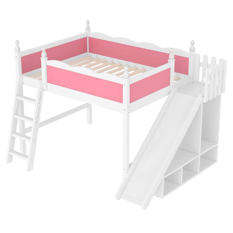 Full Loft Bed with Storage Shelves and Cabinet, Solid Wood Loft Beds with Detachable Slide and Ladders, No Spring Box Needed