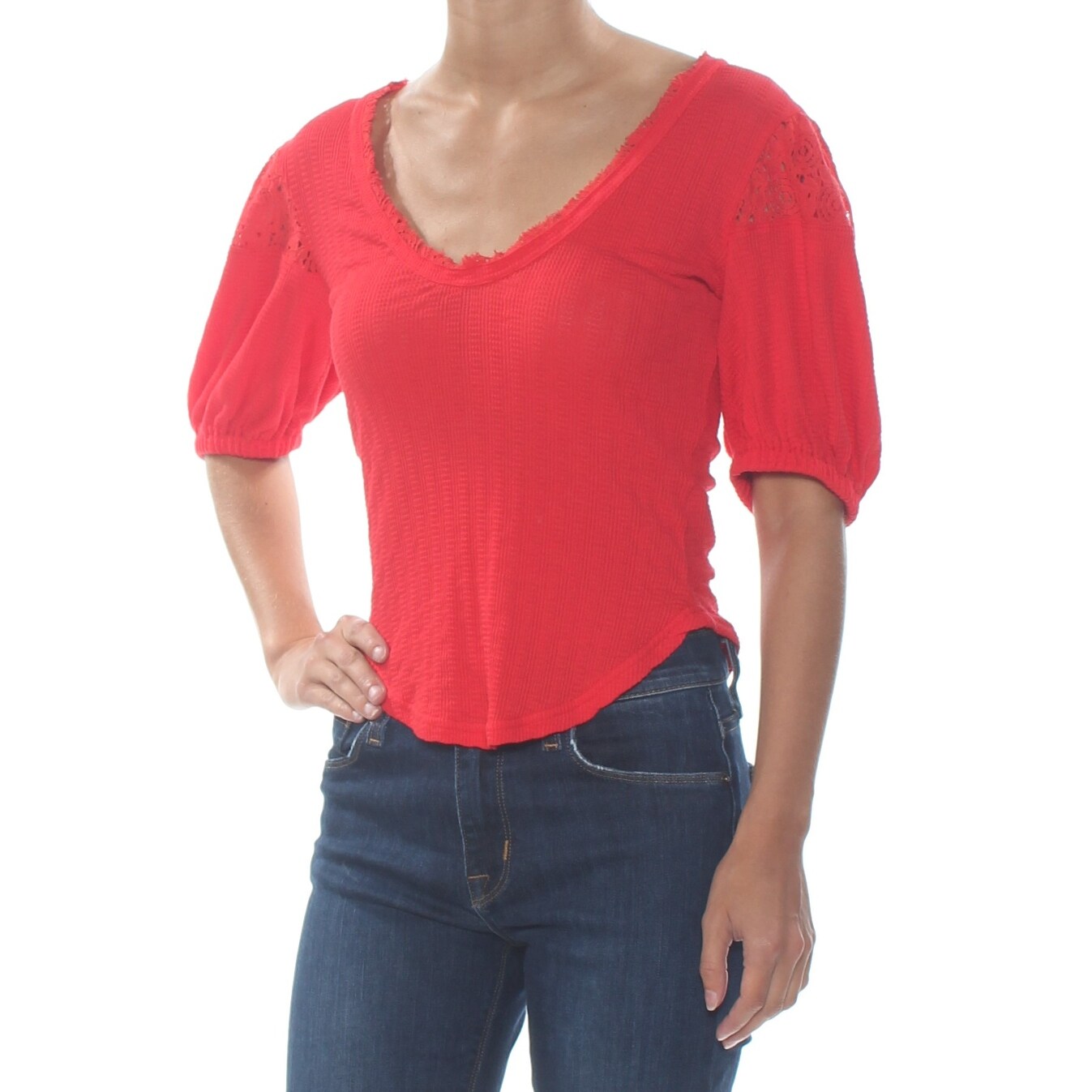Shop Free People Womens Red St James Lace Inset Short Sleeve Scoop