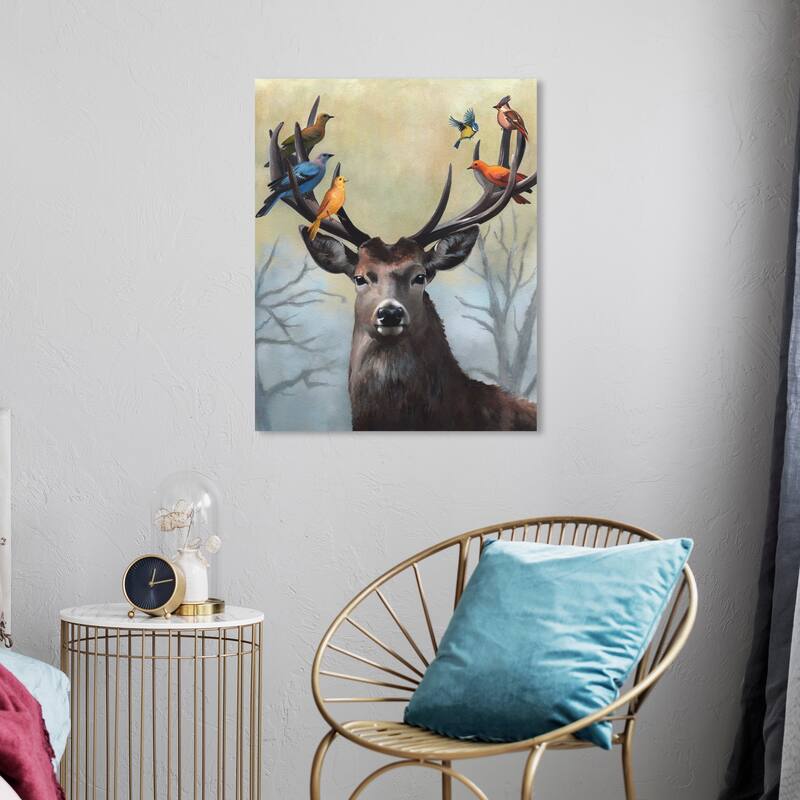 Wynwood Studio Canvas Animals Cute deer with birds Brown and Traditional Wall Art Canvas Print - Brown, Blue - 24 x 20