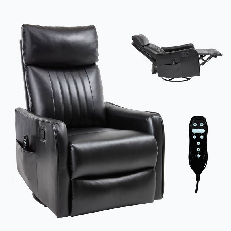 Black Faux Leather Heat Massage Manual Recliner Chair with Rocker and Swivel for Living Room