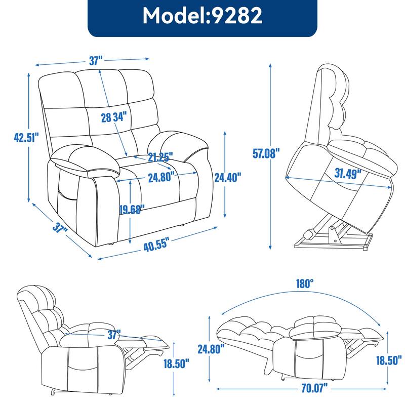 Chenille Power Lift Recliner Chair for Big and Tall with Massage, Heat, Dual Motors, and 180° Recline