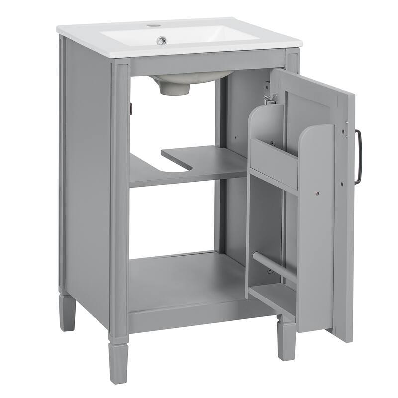Modern Freestanding Bathroom Vanity Cabinet with Ceramic Sink, Adjustable U-Shaped Shelf, Door Storage Rack and Soft Close Door