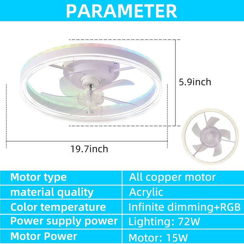 19.7 Inches Fan Light RGB Color Lights Three Color Temperature 6-Speed Adjustable Wind Power Positive And Negative Rotation