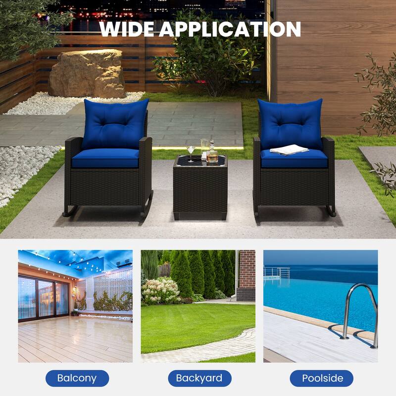 Gymax Set of 3 Wicker Rocking Set Patio w/ Tempered Glass Table & Soft