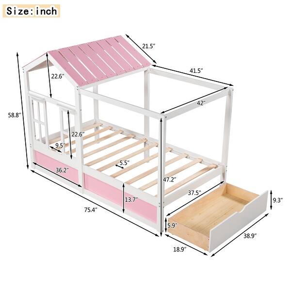 Treehouse Style House Roof Bunk Bed with Storage Staircase and Shelves - Solid Wood Slats Support (Twin over Full Size)