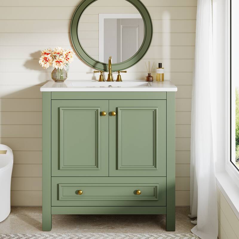 Bathroom Vanity with Sink, Solid Wood Frame Freestanding Vanity with Door Organizer and Drawer - 30 In - Green