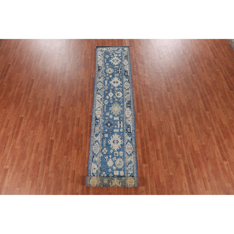 Hand Knotted Oriental 100% Wool Carpet Transitional All-Over Navy Blue & Blues Oushak Runner Rug - 16' 7'' X 2' 7''