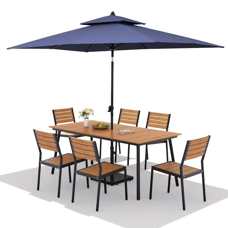 9PC Outdoor Patio Dining Set Aluminum Table with Stackable Chairs w/ Premium Market Umbrella Sets