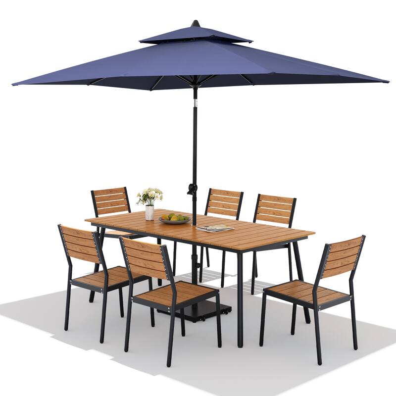 9PC Outdoor Patio Dining Set Wood-Like Aluminum Table with Stackable Chairs,Double Top Market Umbrella and Wheel Base