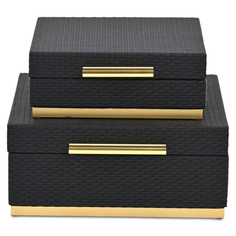 Tamsin Set of 2 Square Decorative Storage Boxes - Wicker Weave Pattern with Gold Hardware
