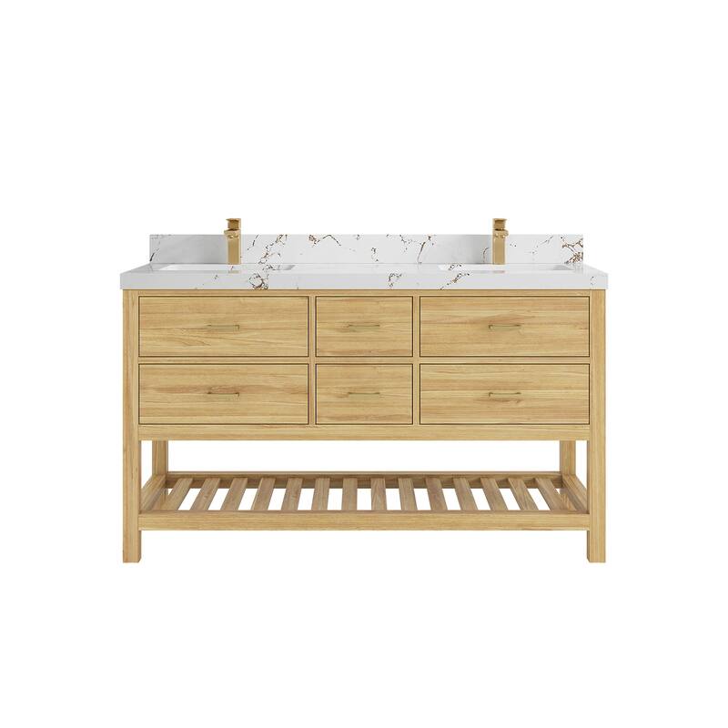 Willow Collections 60 in. W x 22 in. D Parker Solid Teak Double Sink Bathroom Vanity with Countertop
