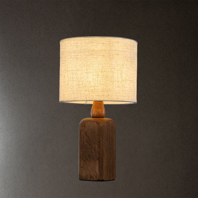 CraftHome Traditional Farmhouse Natural Solid Wood Table Lamp with Beige Fabri Drum Shade for Bedroom Living Room - W10''
