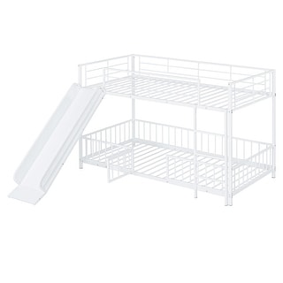 White Twin Over Twin Metal Bunk Bed with Slide & Ladder, Heavy Duty Low Bunk Beds w/Safety Guardrail & Small Door for Girls Boys