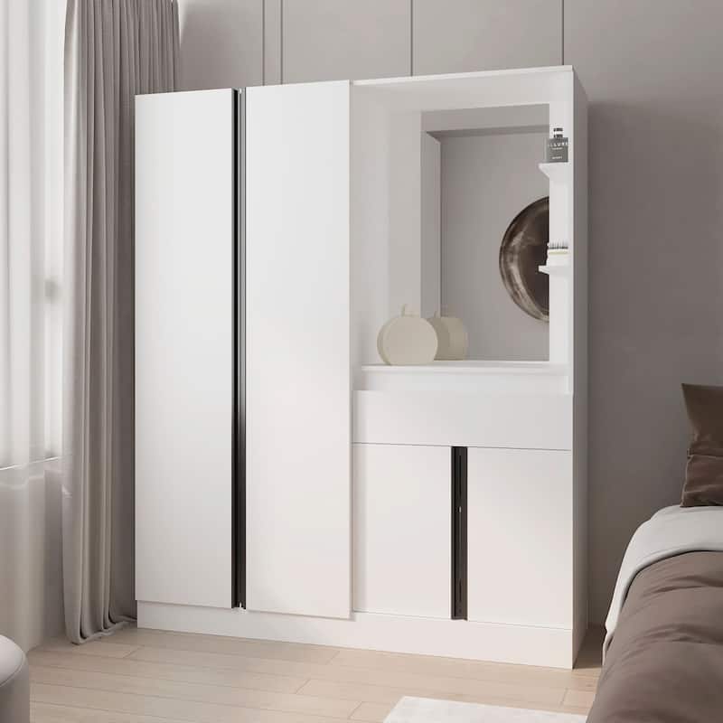 CaneMulti-Functional Wardrobe with Vanity Mirror and Storage, White
