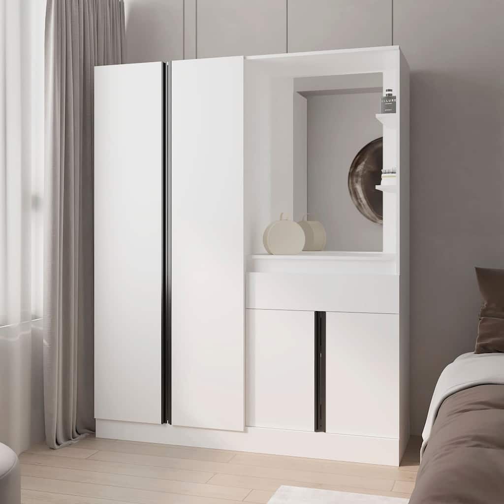 CaneMulti-Functional Wardrobe with Vanity Mirror and Storage, White