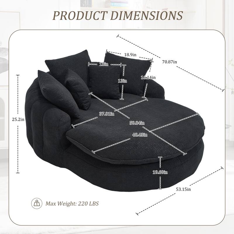 Oversized Oval Upholstered Bean Bag Sofa, Lazy Sofa with 3 Large Pillows and 2 Small Pillows, Wrap Around Backrest