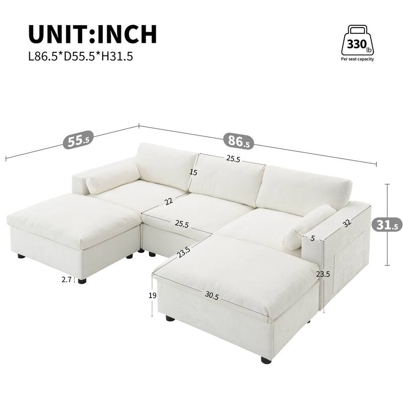 U-Shaped Sectional Sofa with Removable Ottomans, Convertible Sleeper Bed with Storage Pockets, Chenille Upholstered Cloud Couch - White