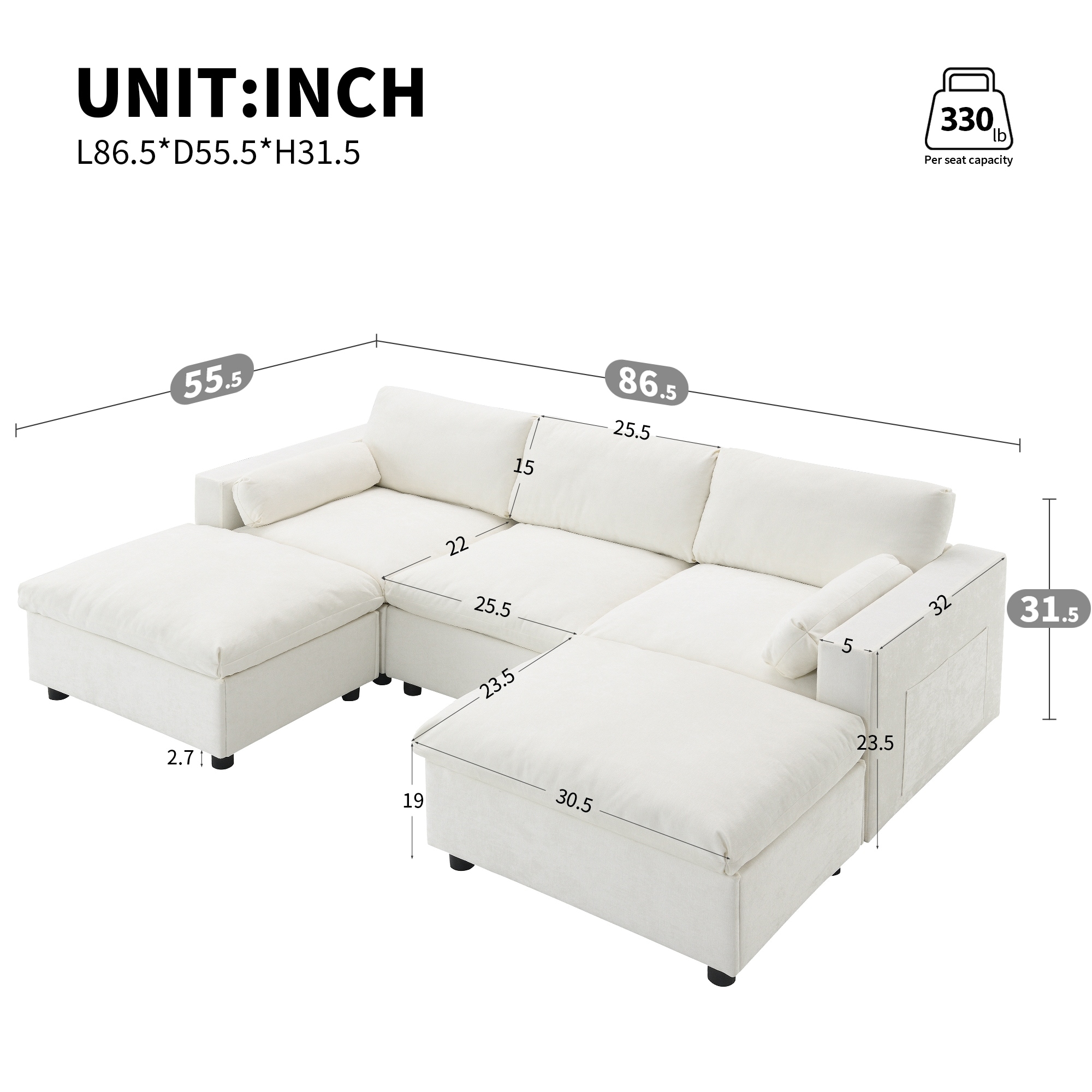 U-Shaped Sectional Sofa with Removable Ottomans, Convertible Sleeper Bed with Storage Pockets, Chenille Upholstered Cloud Couch