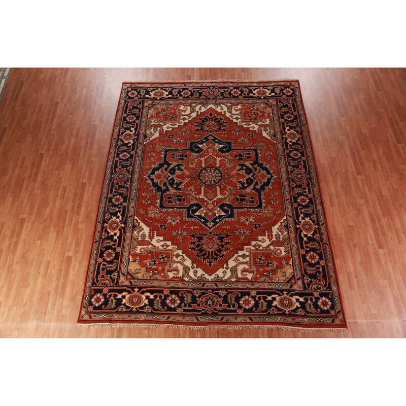 Orange Medallion Heriz Serapi Indian Area Rug Handmade Wool Carpet - 9'0"x 11'9"