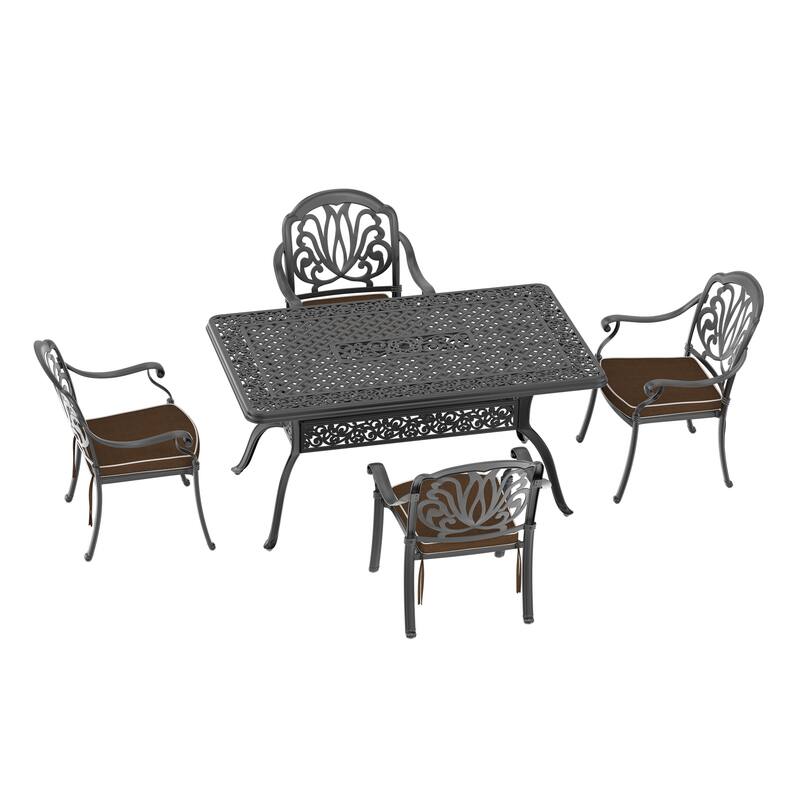 5/7-Piece Cast Aluminum Outdoor Dining Set with 59.06'' L X 35.43'' W Rectangular Table and Random Color Seat Cushions