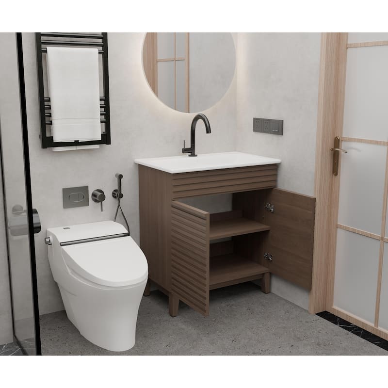 GDFStudio - Sebastian 30-Inch Modern Bathroom Vanity with Ceramic Sink and Slatted Door Storage Cabinet