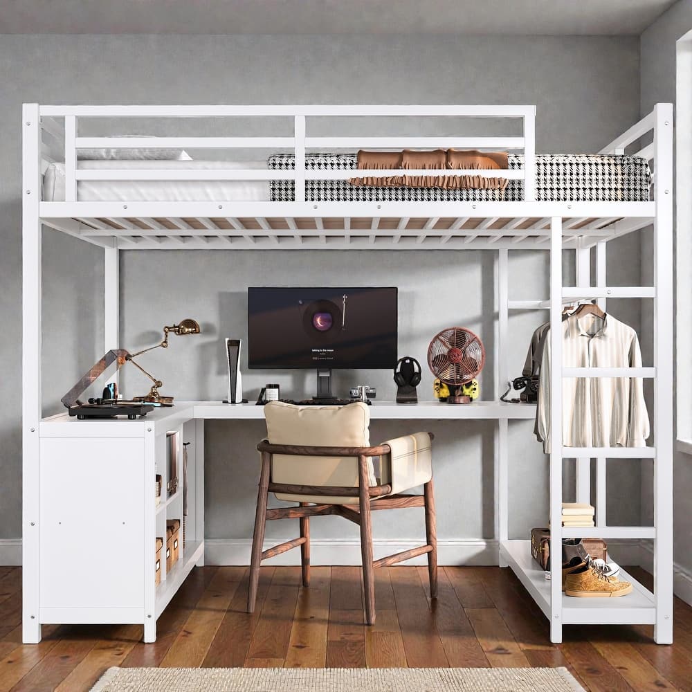 Metal Loft Bed with Wardrobe and L-Shaped Desk, Storage Cubes and Shelves, Space Saving Loft Bed for Teens