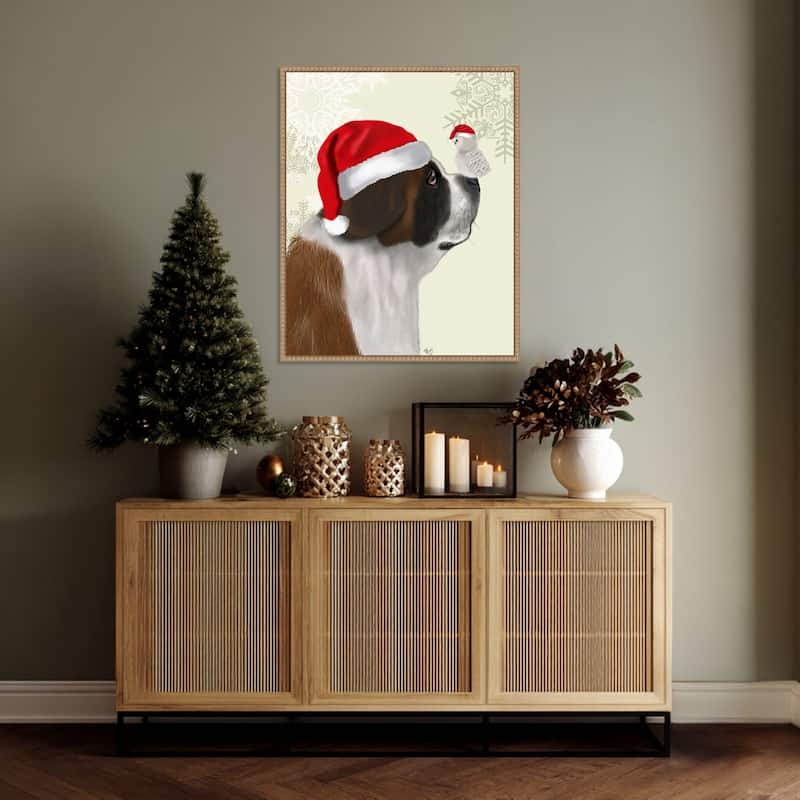 Christmas St Bernard and Fluffy Owl by Fab Funky (23 x 28 in.), Framed Canvas Wall Art Print - Sylvie Beaded Rustic Natural
