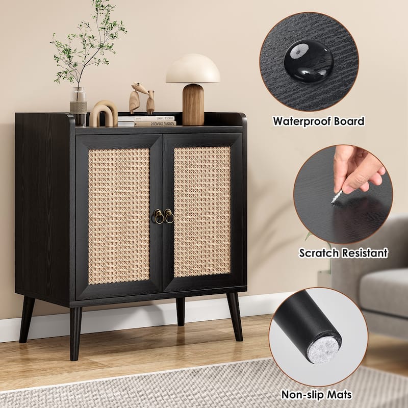 Sideboard Buffet Cabinet with Storage, Bar Liquor Cabinet with Rattan Decorated Doors, Credenza Console Tablefor Dining Room