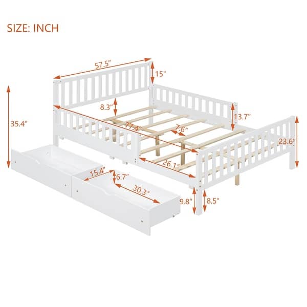 dimension image slide 1 of 2, Full Size Wood Platform Bed with Guardrails on Both Sides and Two Storage Drawers