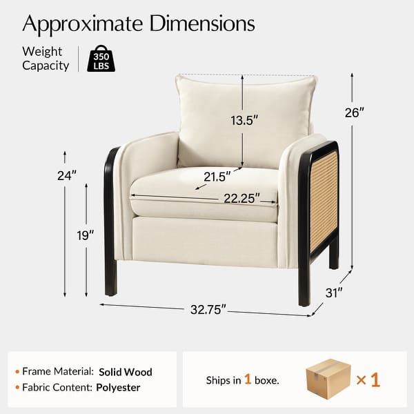 dimension image slide 1 of 2, HULALA HOME Abeline 32.75"W Farmhouse Upholstered Armchair with Solid Wood Legs and Woven Rattan Arms