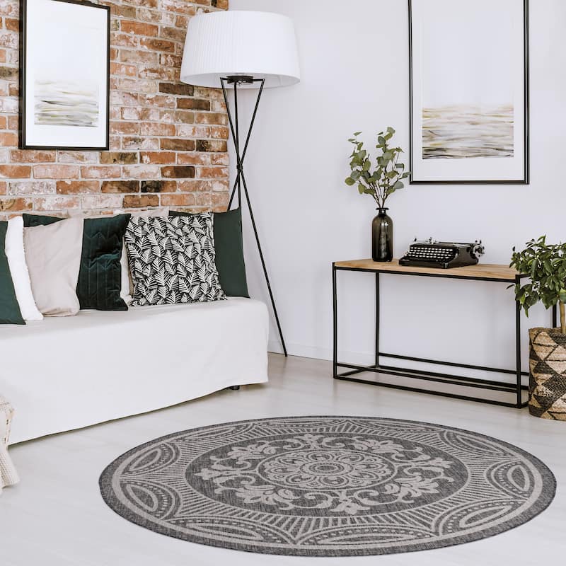 Beverly Rug Medallion Modern Indoor Outdoor Washable Area Rug - 7'Round - Dark Grey