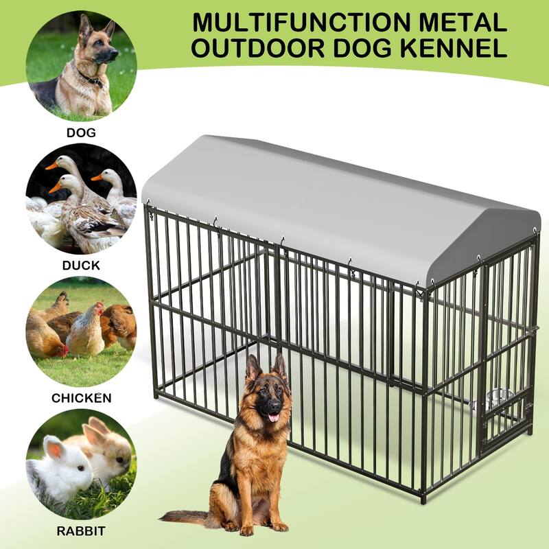 Large Outdoor Dog Kennel with Roof, Heavy Duty Metal Cage, Feeding Bowl & Lock