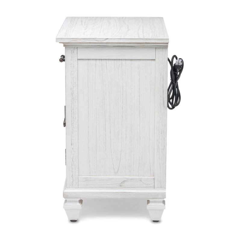 HomeRoots 28" White Solid Wood Distressed Plantation Shutter One Drawer Nightstand With USB Port