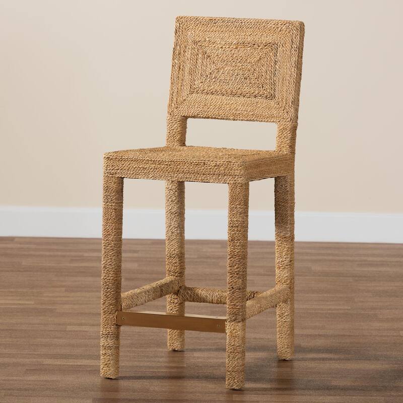 Anfield Modern Bohemian Natural Seagrass and Mahogany Wood Counter Stool
