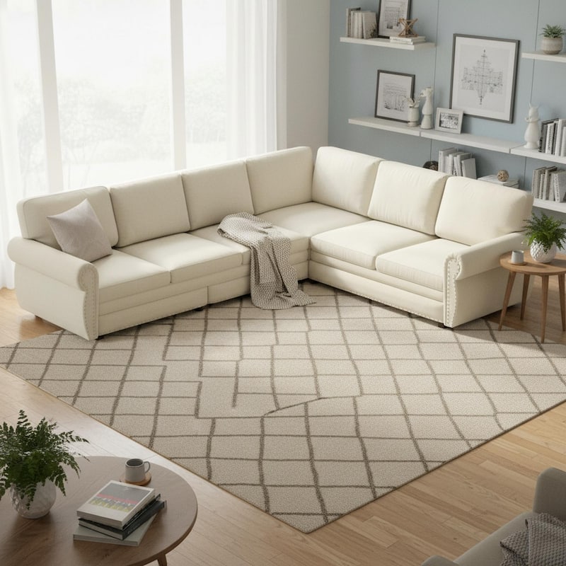 Homy Casa L-Shaped Sectional Sofa w/ Pull-Out Bed, Chenille Sleeper Couch w/ Nailhead Trim & Rolled Arm, Oversize - 6 Beige/White - Right Facing