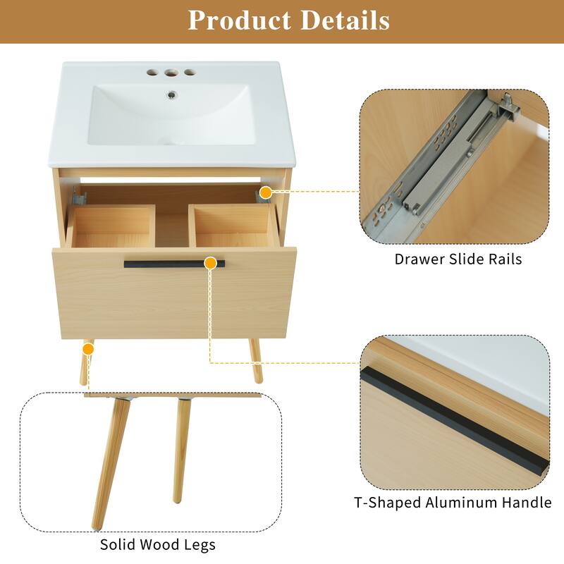 24" Bathroom Vanity with Sink Combo, Multi-functional Bathroom Cabinet with Drawer, MDF Board, Natural