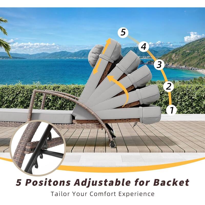 2-Piece Outdoor Rattan Patio Folding Chaise Lounge with Adjustable Backrest for Poolside, Backyard, Deck