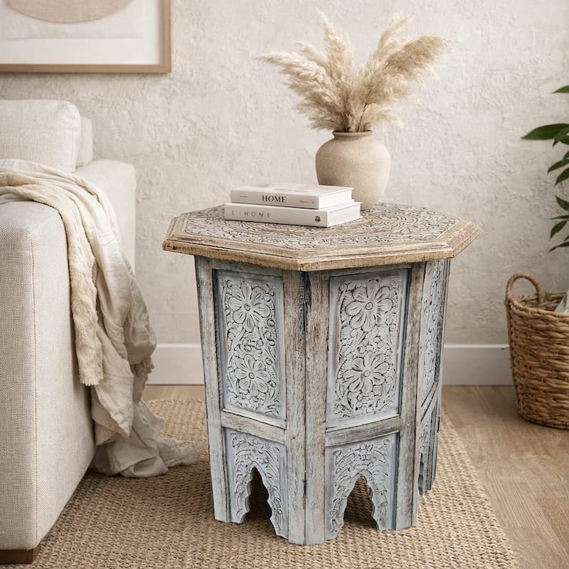 Olta 18 Inch Handcrafted Farmhouse Side Table, Engraved Carved Design, Mango Wood, Octagonal Top, Antique Brown