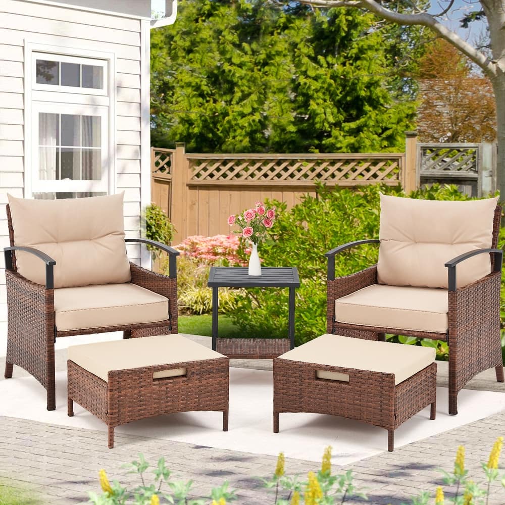 AVAWING 5-Piece Patio Furniture Set Wicker Conversation Set with Coffee Table and Ottoman