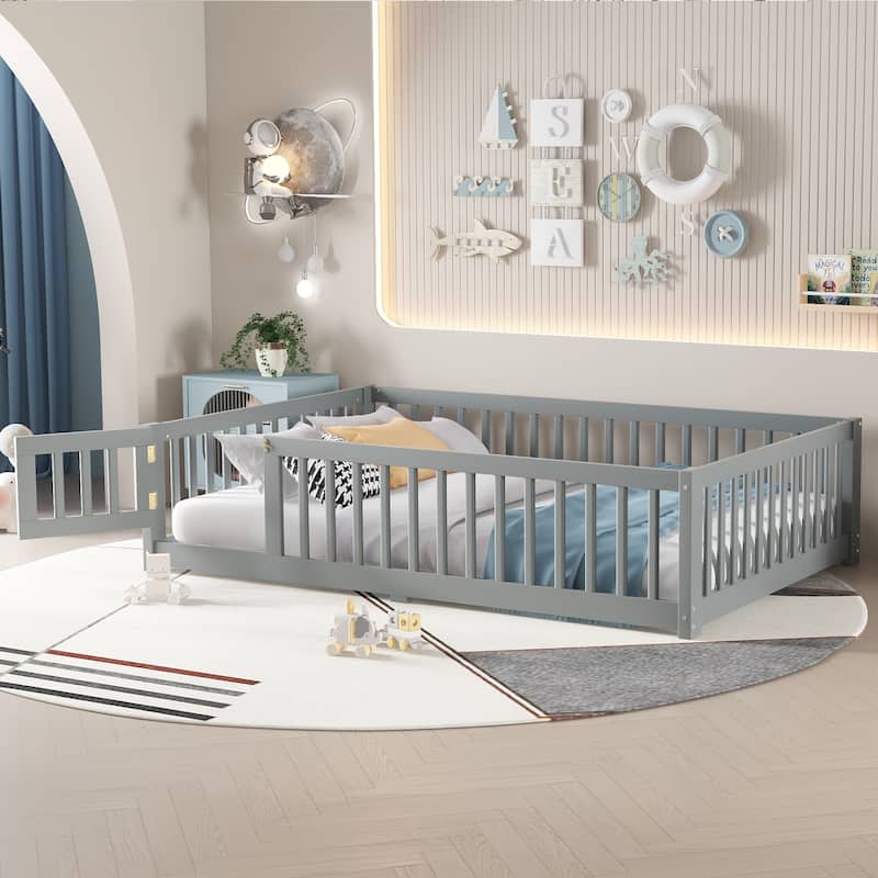 Montessori Toddler Floor Bed with Fence and Switchable Door, Low Profile Bed Frame with Removable Slats, Safe Transition Bed