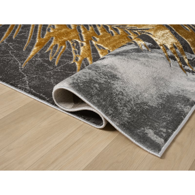 Mila Collection Botanical Dark Grey with Black and Gold Contemporary Area Rug
