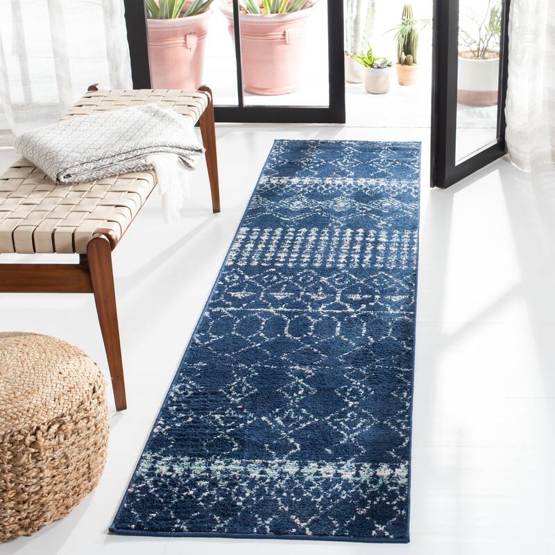 SAFAVIEH Tulum Ethelyn Rustic Moroccan Boho Tribal Rug - 2' x 7' - Navy/Ivory - Runner