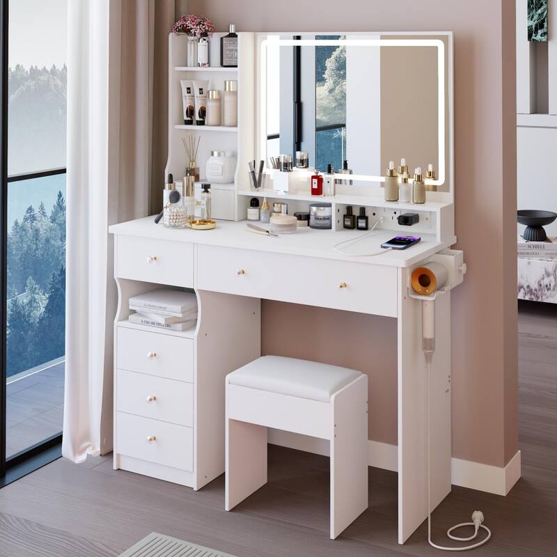 41" Large Size Left Drawer Desktop Vanity Table + Cushioned Stool Dresser Set, 2 AC+2 USB Power Station, Hair Dryer Stand