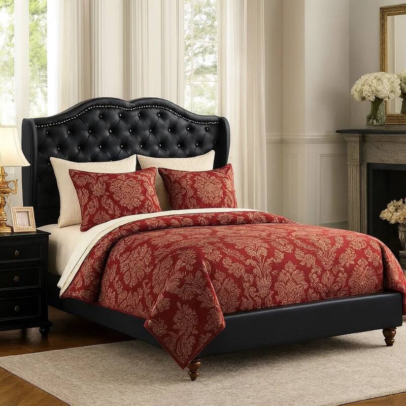 Magnificent Faux Leather Upholstered Queen Size Bed Black