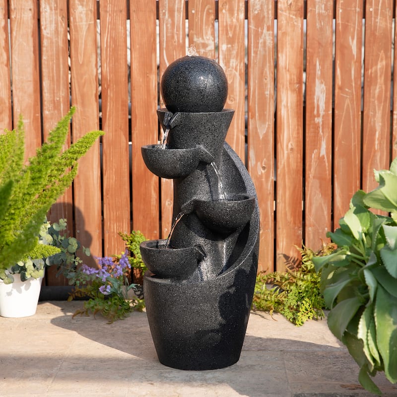 Glitzhome 33.5"H Modern 5-Tier Bowl and Sphere Polyresin Outdoor Fountain with Pump and LED Light