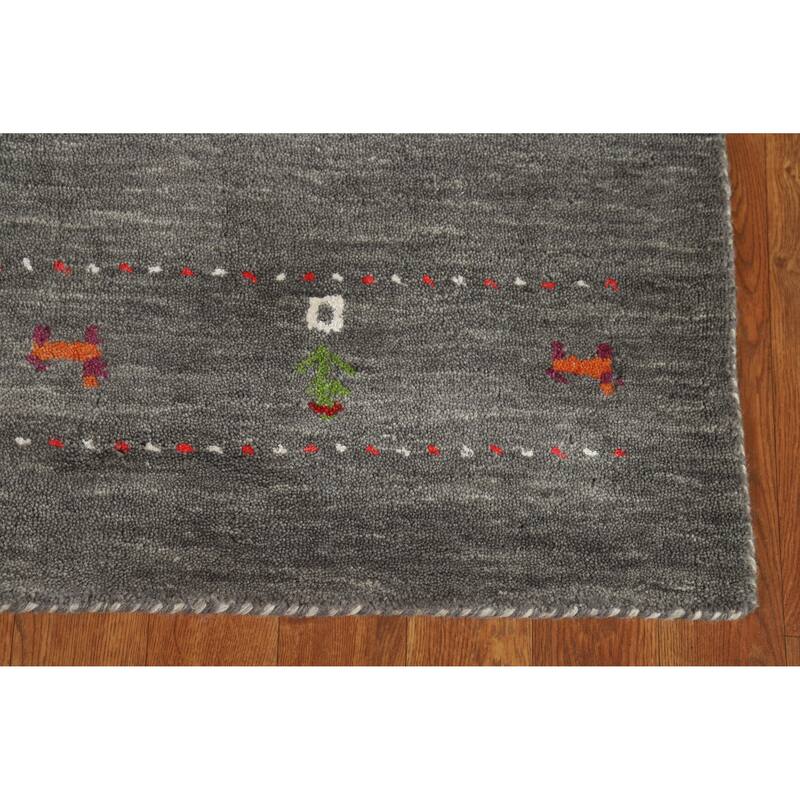 Hand Knotted Oriental 100% Wool Carpet Tribal Animal Pictorial Greys & Charcoal Gabbeh Area Rug - 4' 11'' X 3' 0''