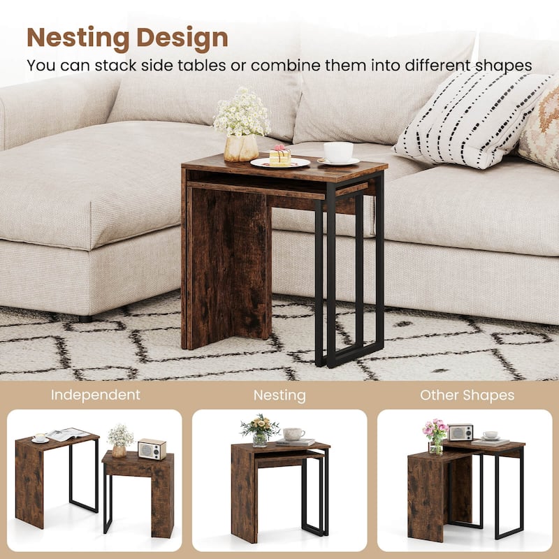 Costway Set of 2,Nesting Coffee Table 2-in-1 Faux Wood Top Sofa Side - See Details