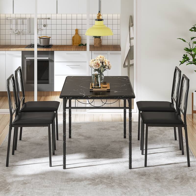 VECELO 5-Piece Black Dining Set Marble Pattern MDF Table with 4 PU Leather Chairs Roman Column Legs for Home Living Room